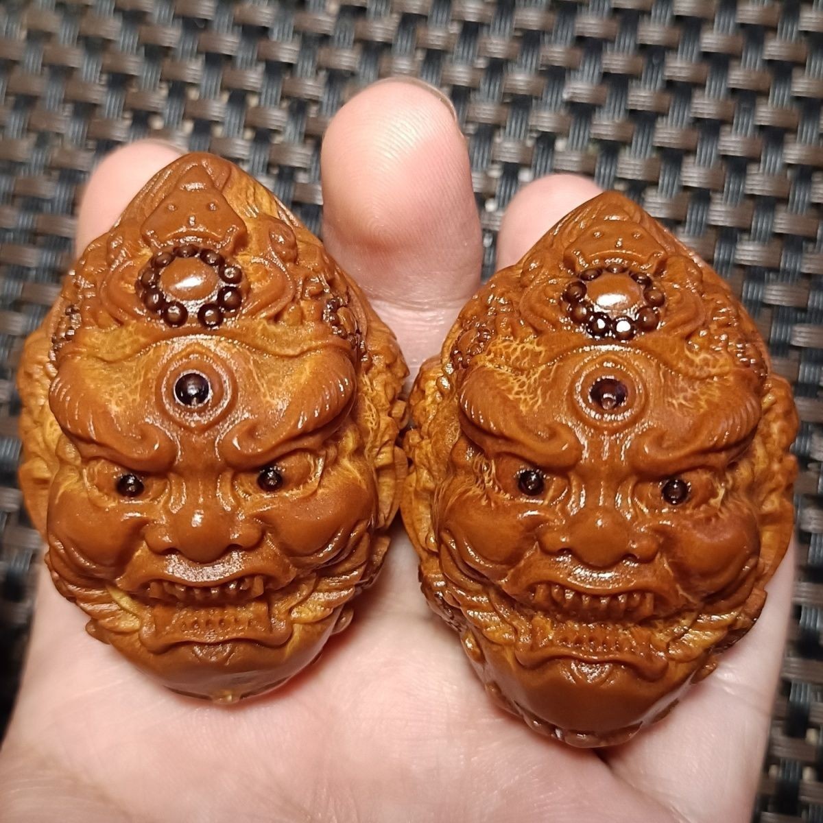 Vintage Brazilian Olive Nut Carved Mahakala Hand Balls Pair 3.5cm