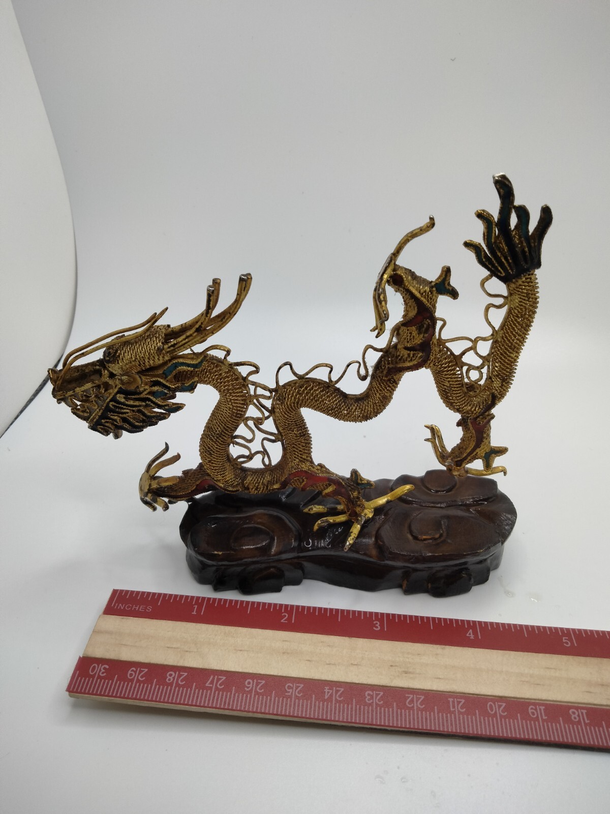 Chinese Brass Figurine Dragon on Wooden Stand 4.5″ x 4.5″ Green, Red, and Gold