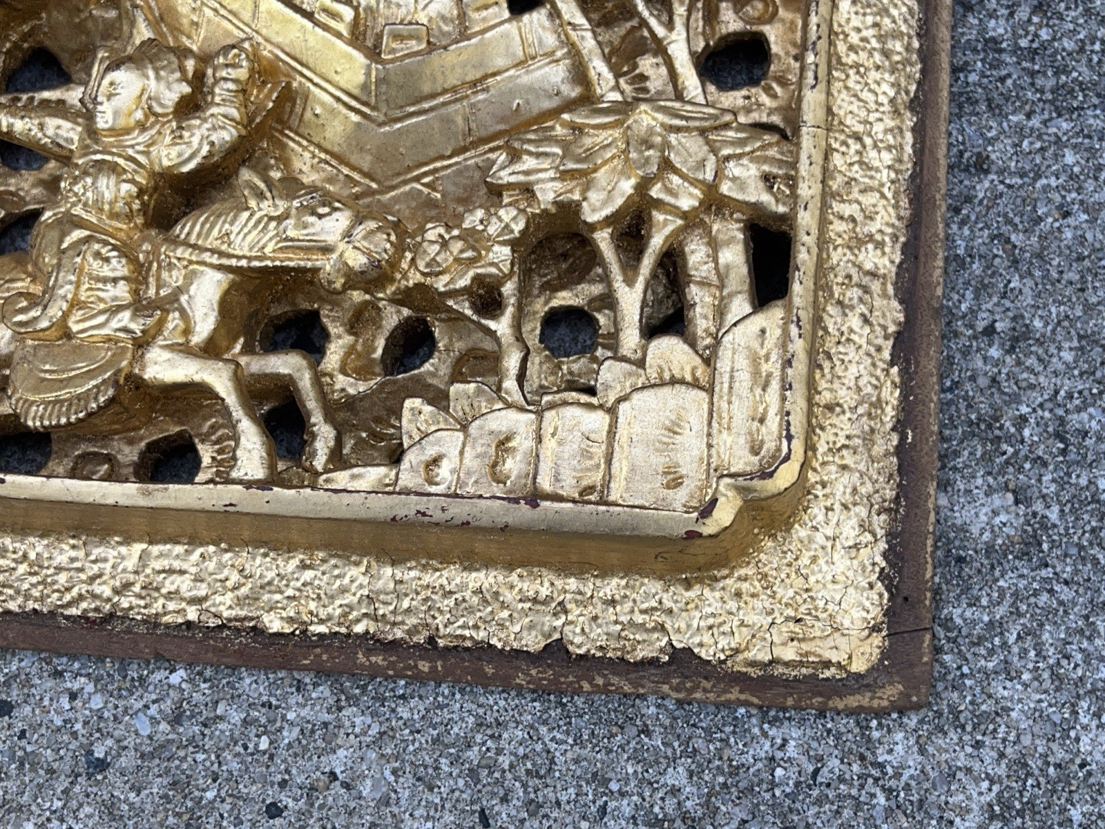 Antique Asian Chinese Gold Gilded Carved Warrior Wood Panel