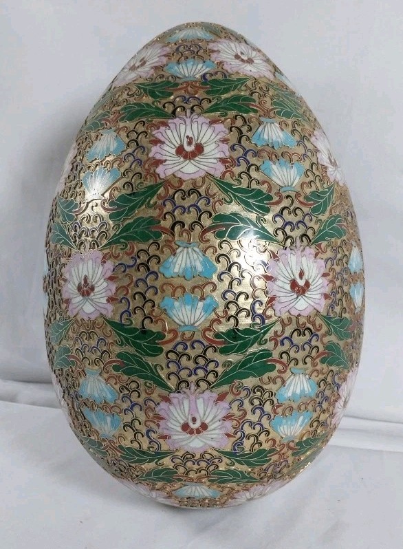 Cloisonne Egg, Large, 14″ H w/stand, 9.5″W, Multicolor Enamel in relief