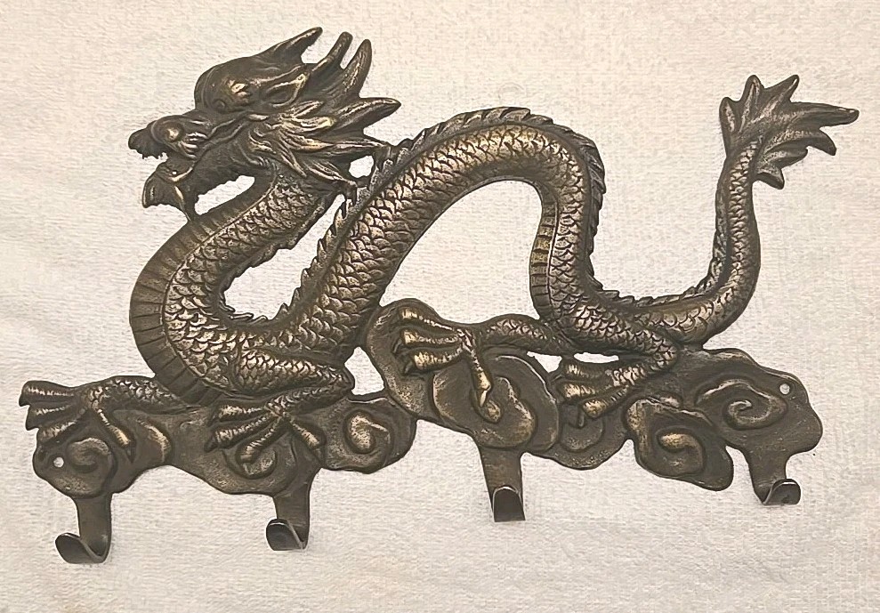 Vintage Chinese Brass Dragon Mounted Wall Hanger w/Hooks Solid Metal 12.5″×8″