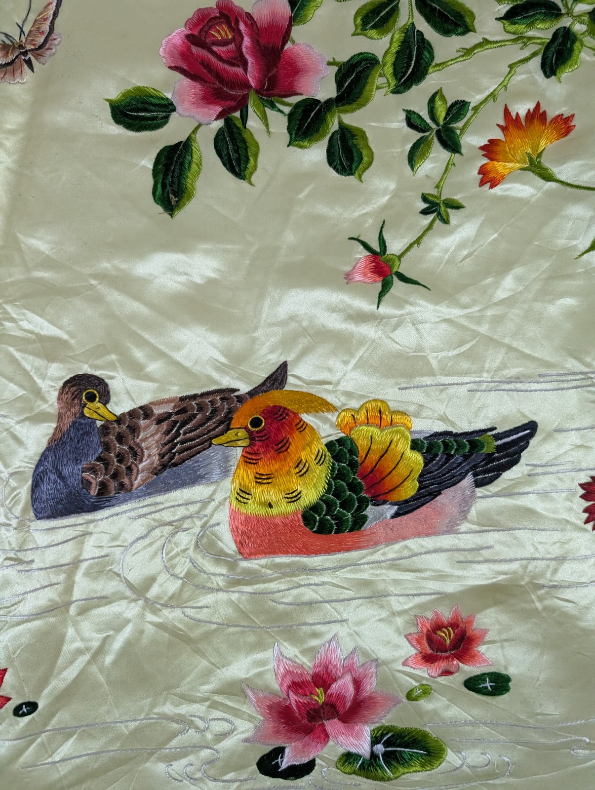 Vintage Chinese Embroidered Floral & Mandarin Ducks Silk Textile 74x56in