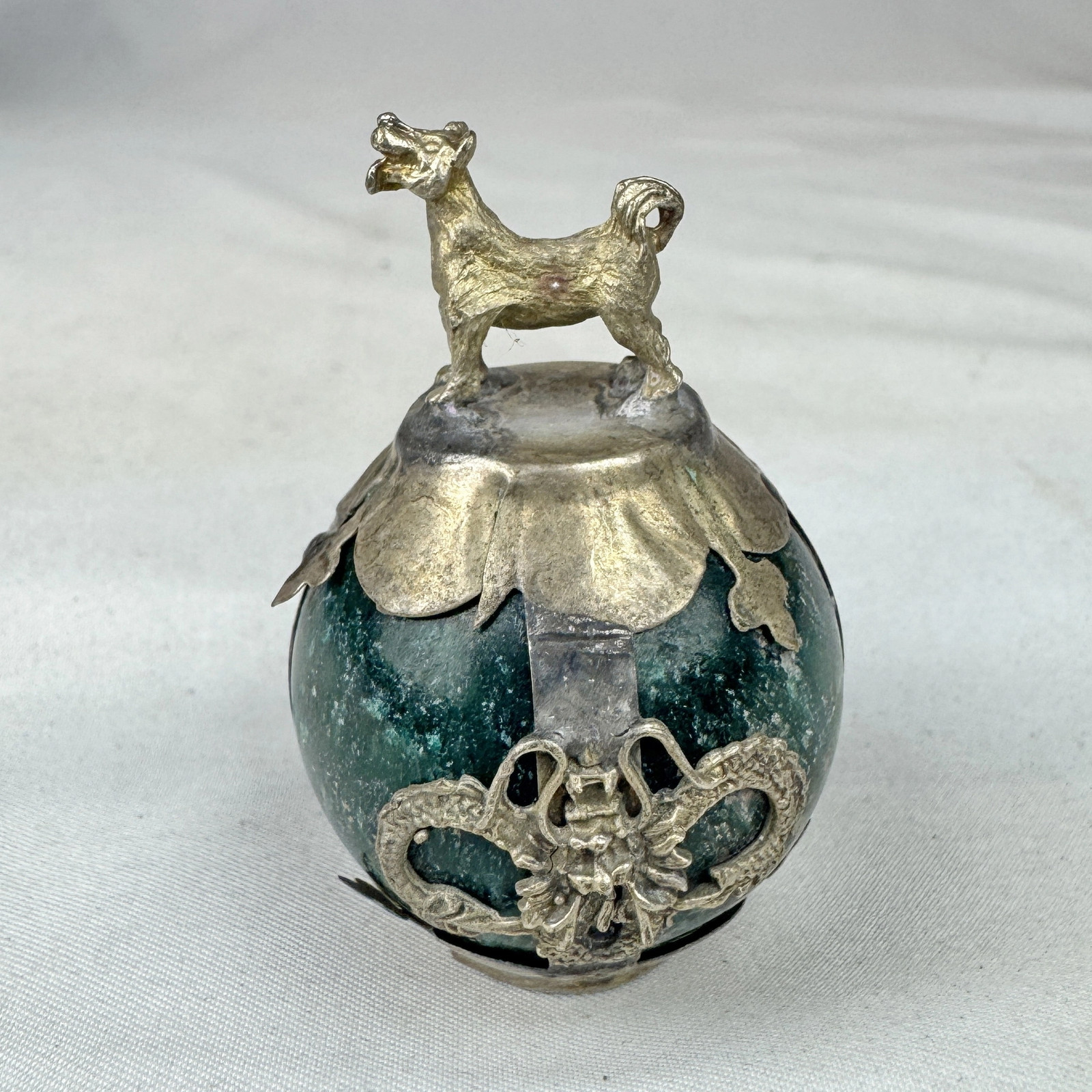 Vintage Chinese Zodiac DOG Green Marble Orb, Pewter/Tin Finial, Dragon Motif