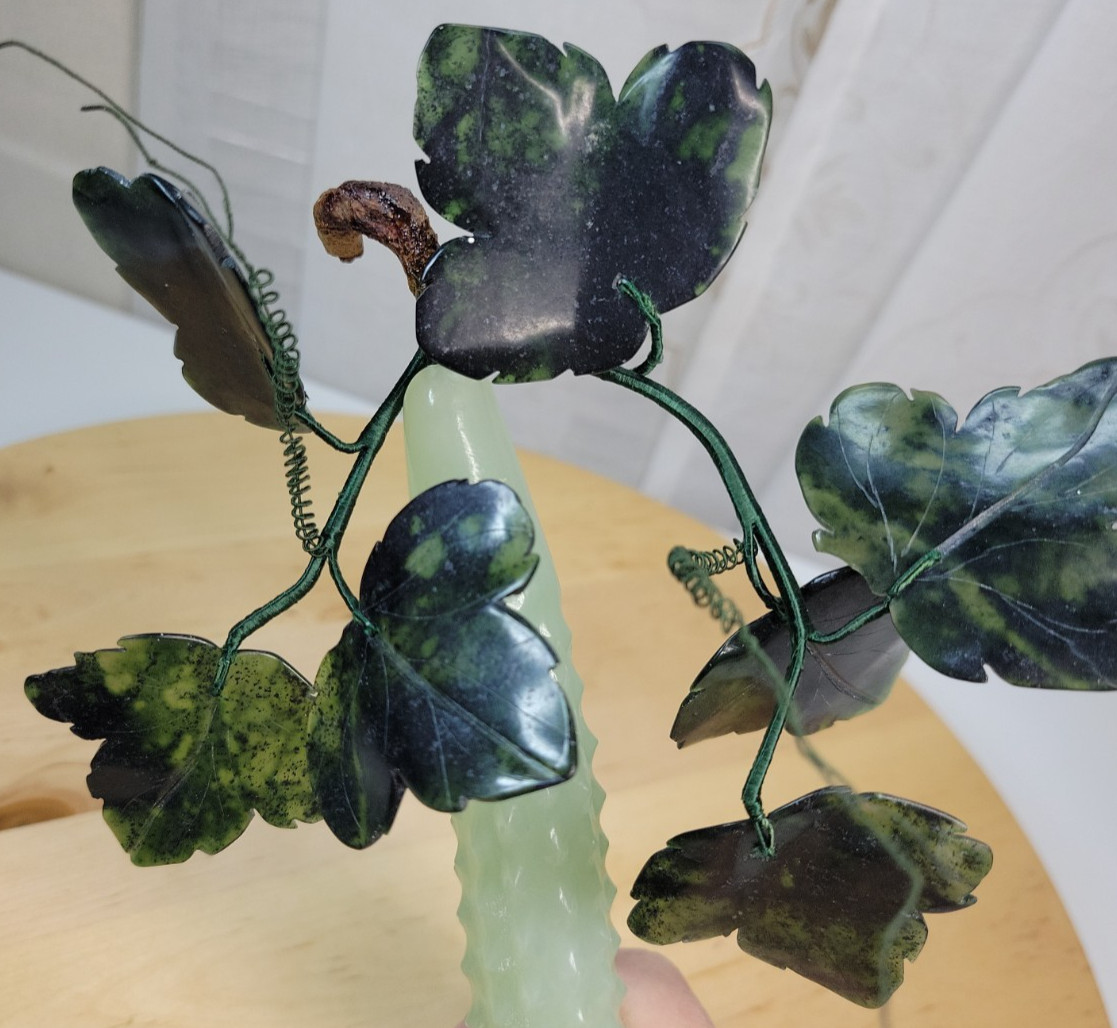 VTG Rare Chinese Green Jade Prickly Cucumber and Leaves 9.5″