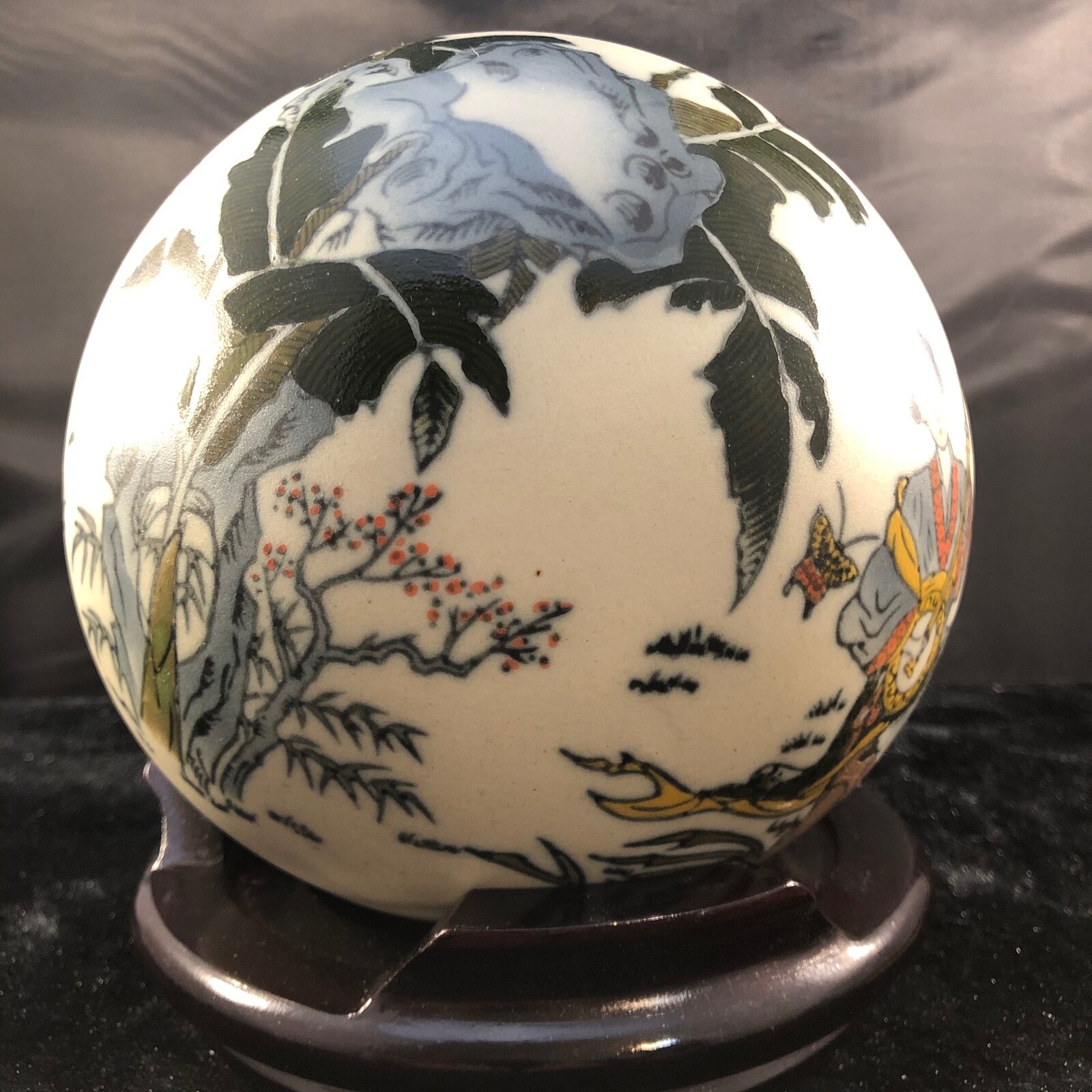 Asian Japanese Satsuma Ceramic Geisha Musicians Sphere Sculpture w/ Stand HTF 7″