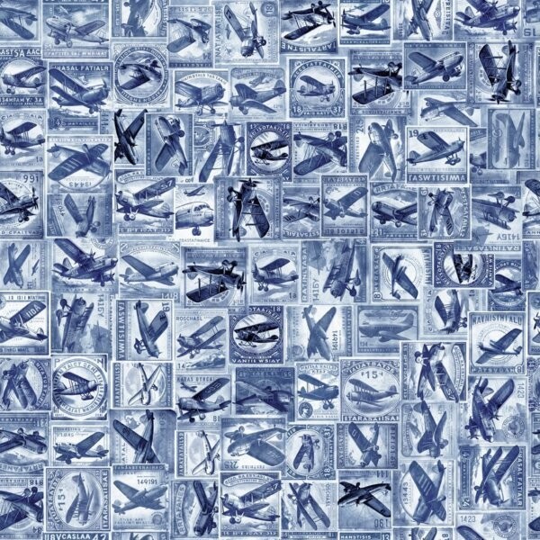 Flying High Airplane Collage Denim Cotton Fabric