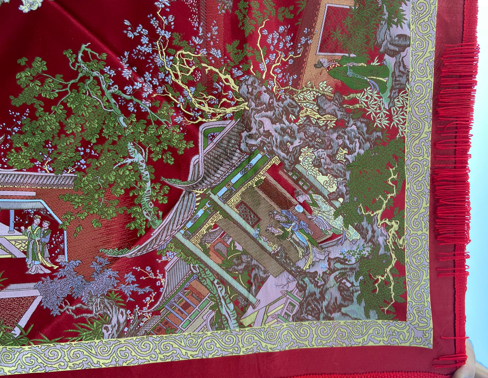 Vintage Silk Brocaded Flowers China Tapestry or Table Cloth Vivid Colors Fringe
