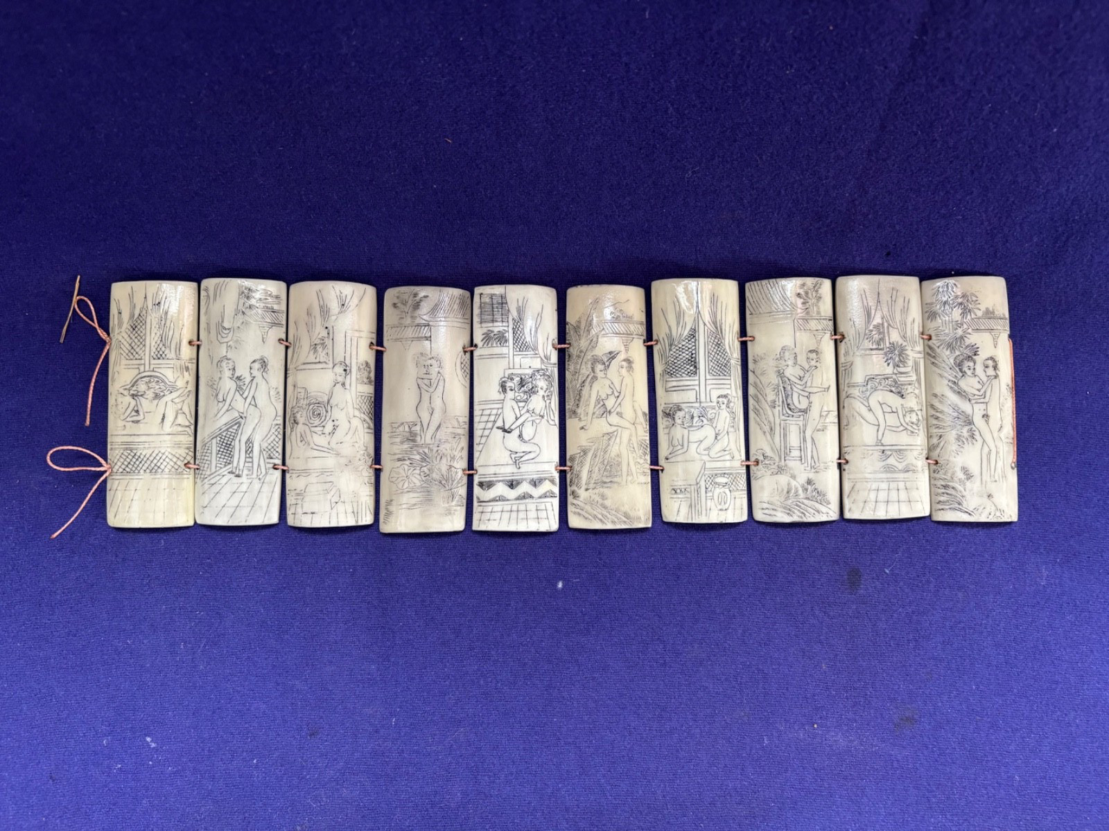 10 ANTIQUE CHINESE SCRIMSHAW SHUNGA PANELS ETCHED EROTICA ON BONE PILLOW BOOK
