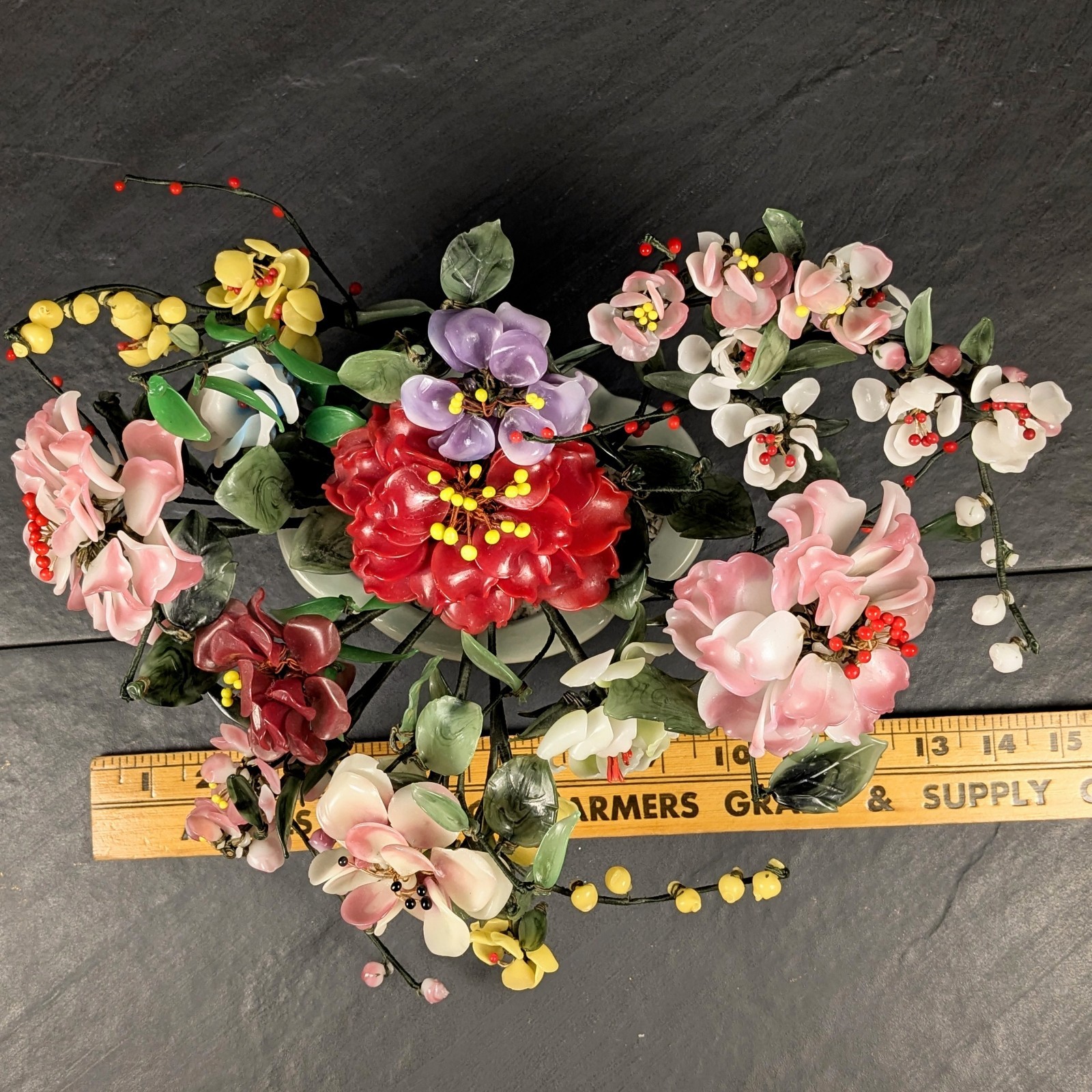 Vintage Jade Style Glass Flower Arrangement Asian Bonsai Planter Pink Red Purple