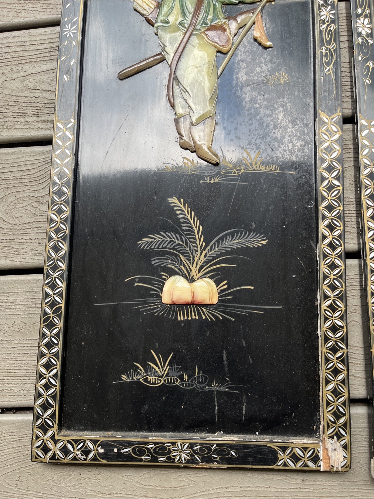 Vintage 2pc Black Lacquer Japanese Mother Of Pearl Wall Art Panel 36” H 12” W