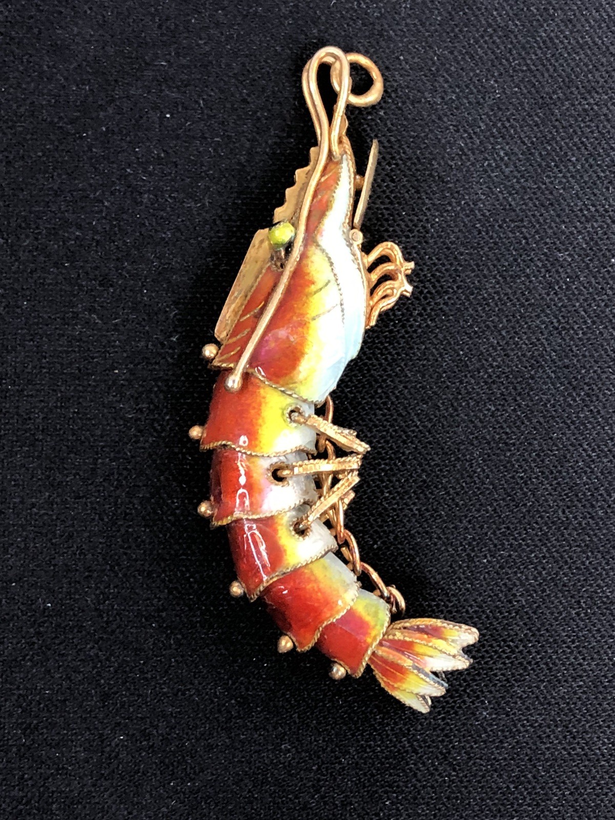 Vintage 1920’s-30’s Chinese Export Articulated Enamel & Silver Shrimp Pendant