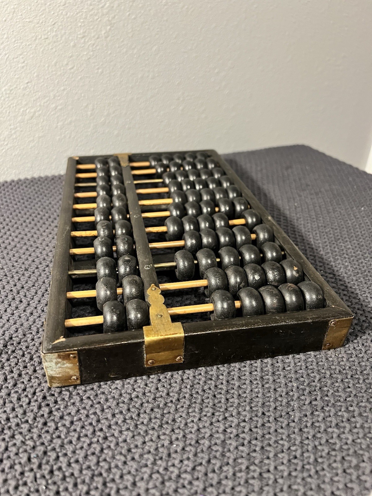 Lotus Flower Brand Abacus Black Painted Wood Brass Accents Has Wear Vintage