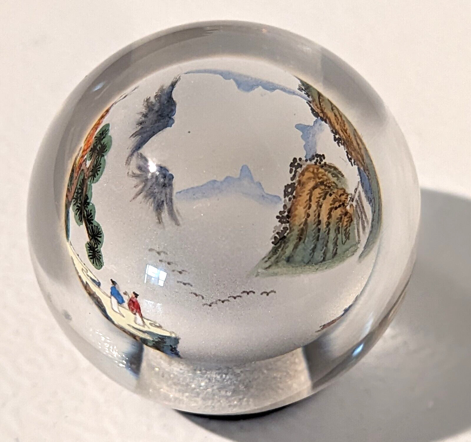 VTG Reverse Painted Glass Ball Sphere Paper Weight Oriental Mountain Scene
