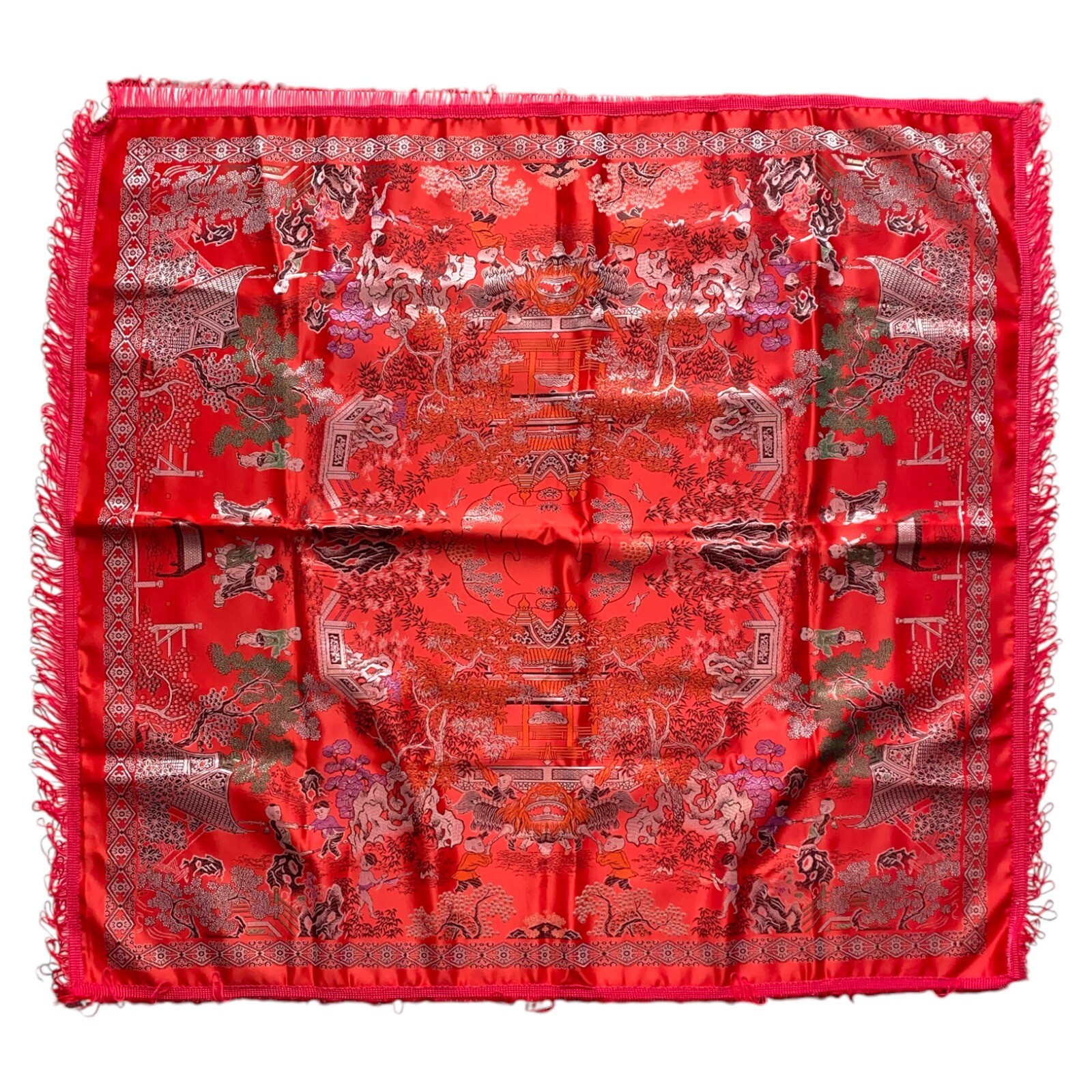 Vintage Chinese Piano Shawl Tablecloth Tapestry Red Silk Brocade 38 x 35 NEW
