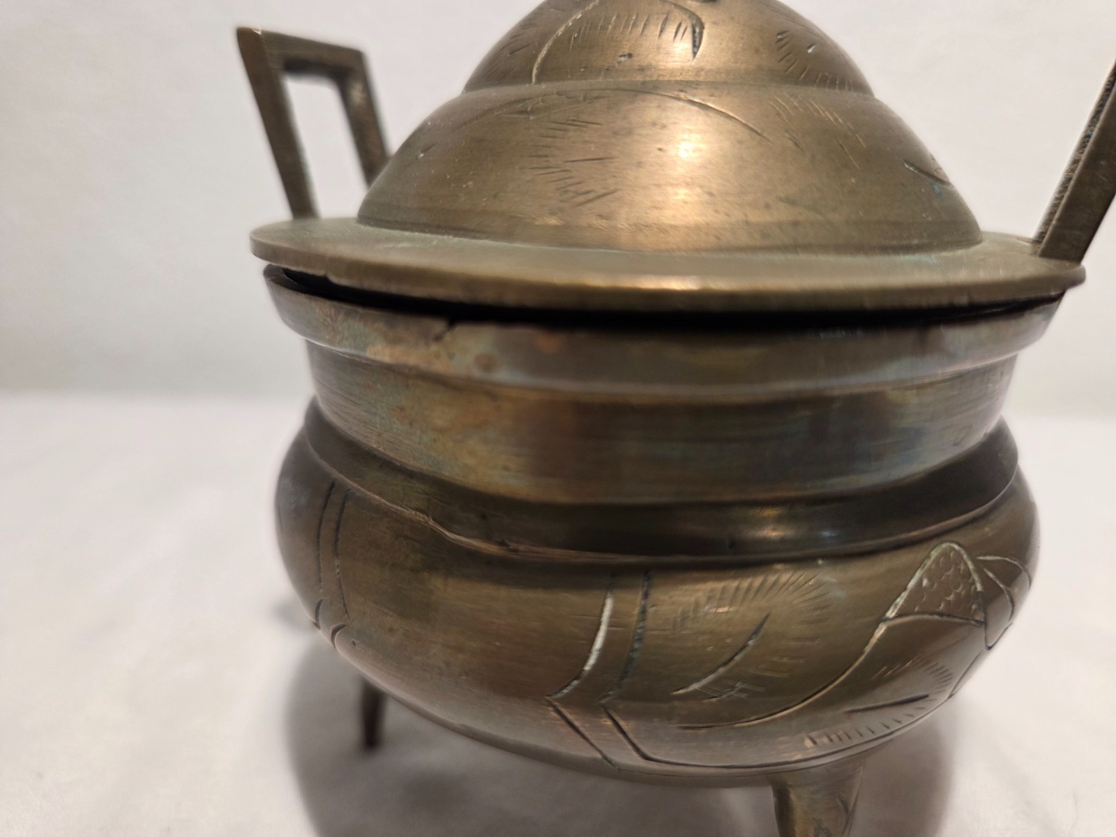 Vintage Marked & etched Chinese Brass Tri-Footed Incense Burner Holder
