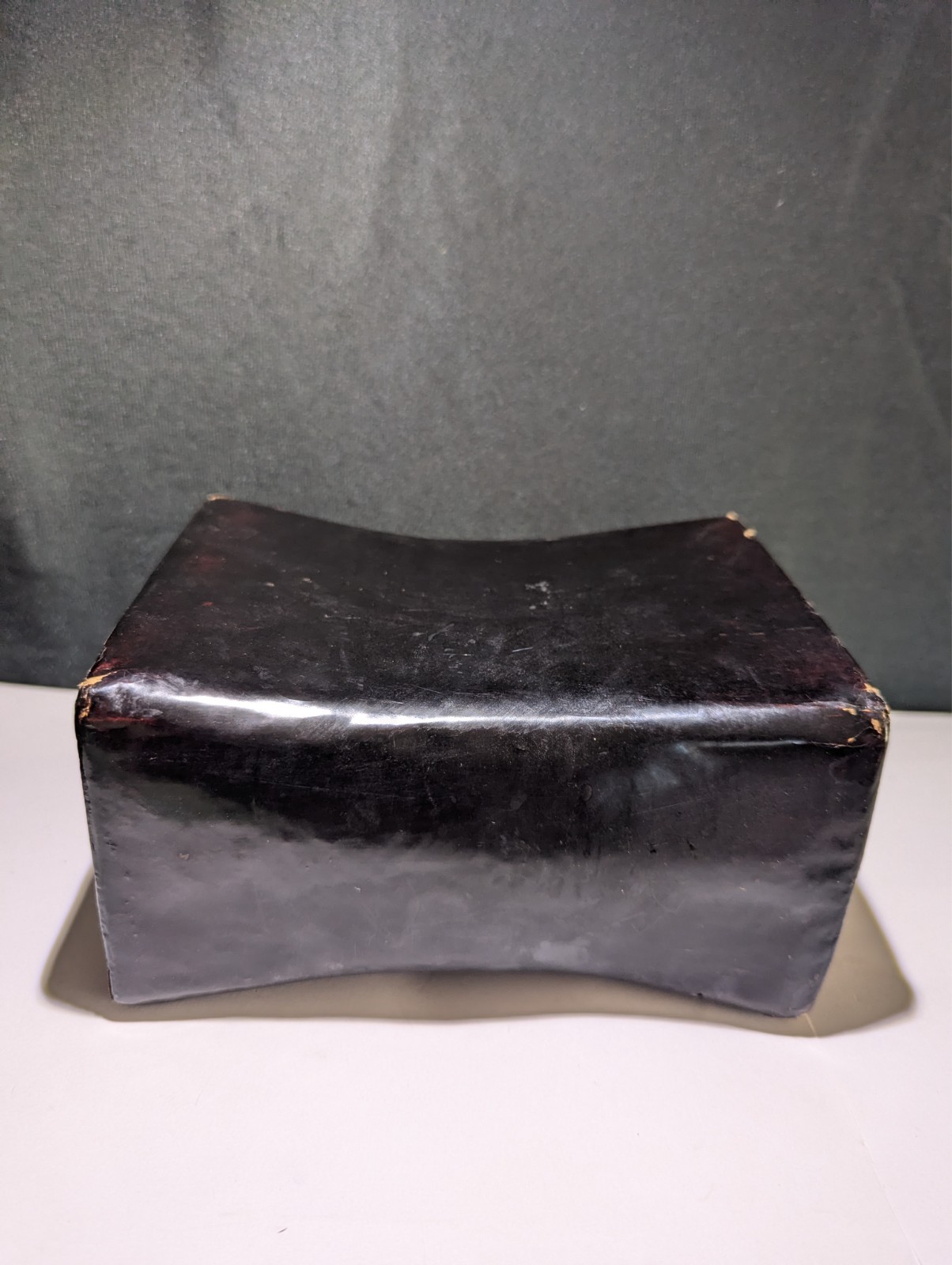 ANTIQUE CHINESE BLACK LACQUERED LEATHER OPIUM PILLOW GEISHA ASIAN DECOR TREES