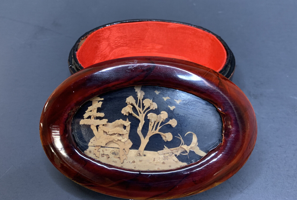 Vintage 1970’s Chinese Glass Covered Cork Carving Jewelry Trinket Box