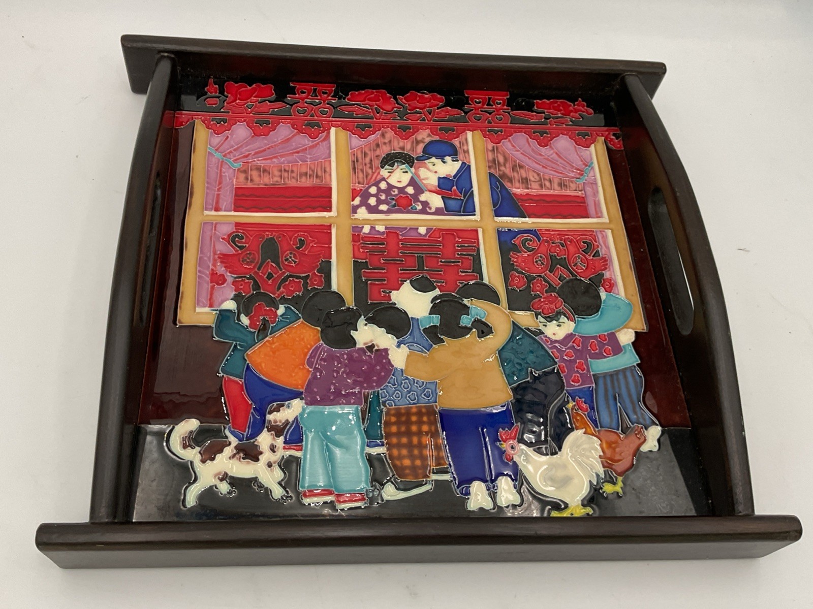 Decorative Serving Tray W/Ceramic Inlay Depicting Chinese Celebration