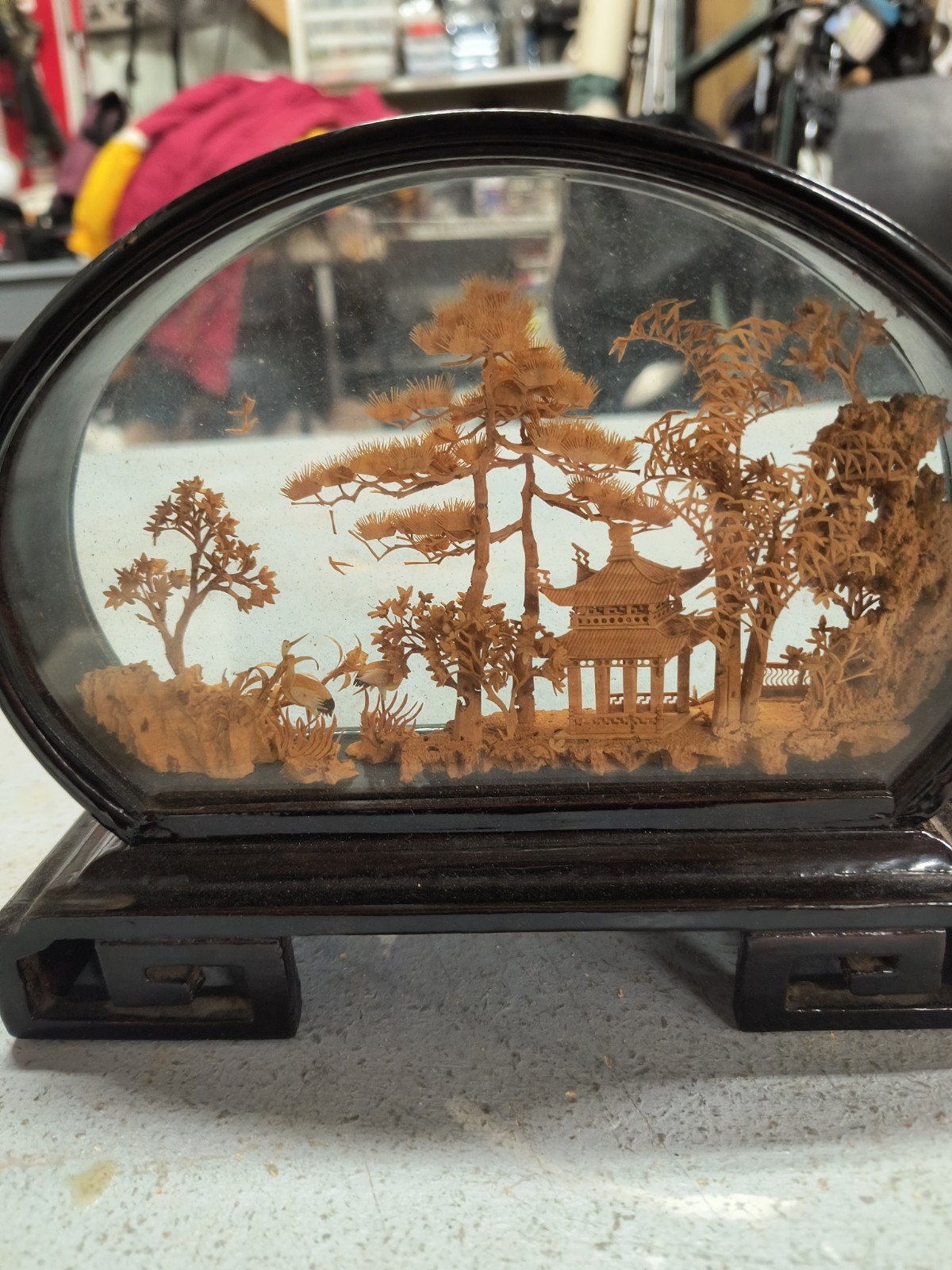 VINTAGE CHINESE SAN YOU DIORAMA CORK CARVING GLASS CASE PAGODA TREES & CRANES.