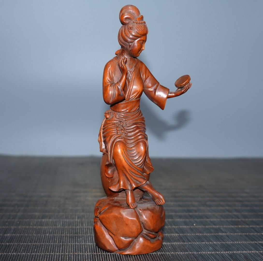 6.3″ Collect China Boxwood Carving Beauty Beautiful Woman Looking Mirror Statue