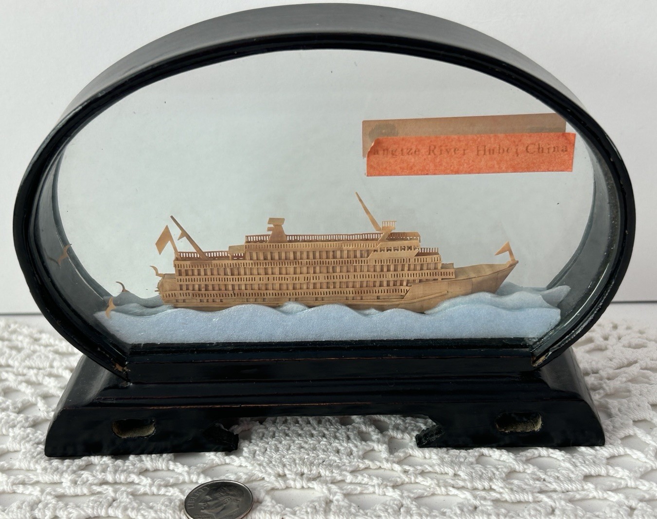 VINTAGE ASIAN Encased Ship Carved Cork Wood Stand Yangzi River Hubei China
