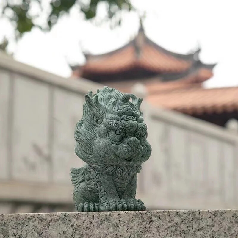 Chinese Style Rui Beast Kirin Statuette Green Sand Stone Art Sculpture Home Room