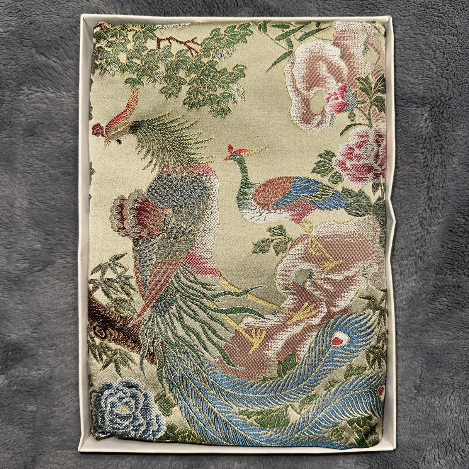 Vintage Brocaded Flowers Tablecloth Dujinsheng Silk Weave Fringe Peacock Crane
