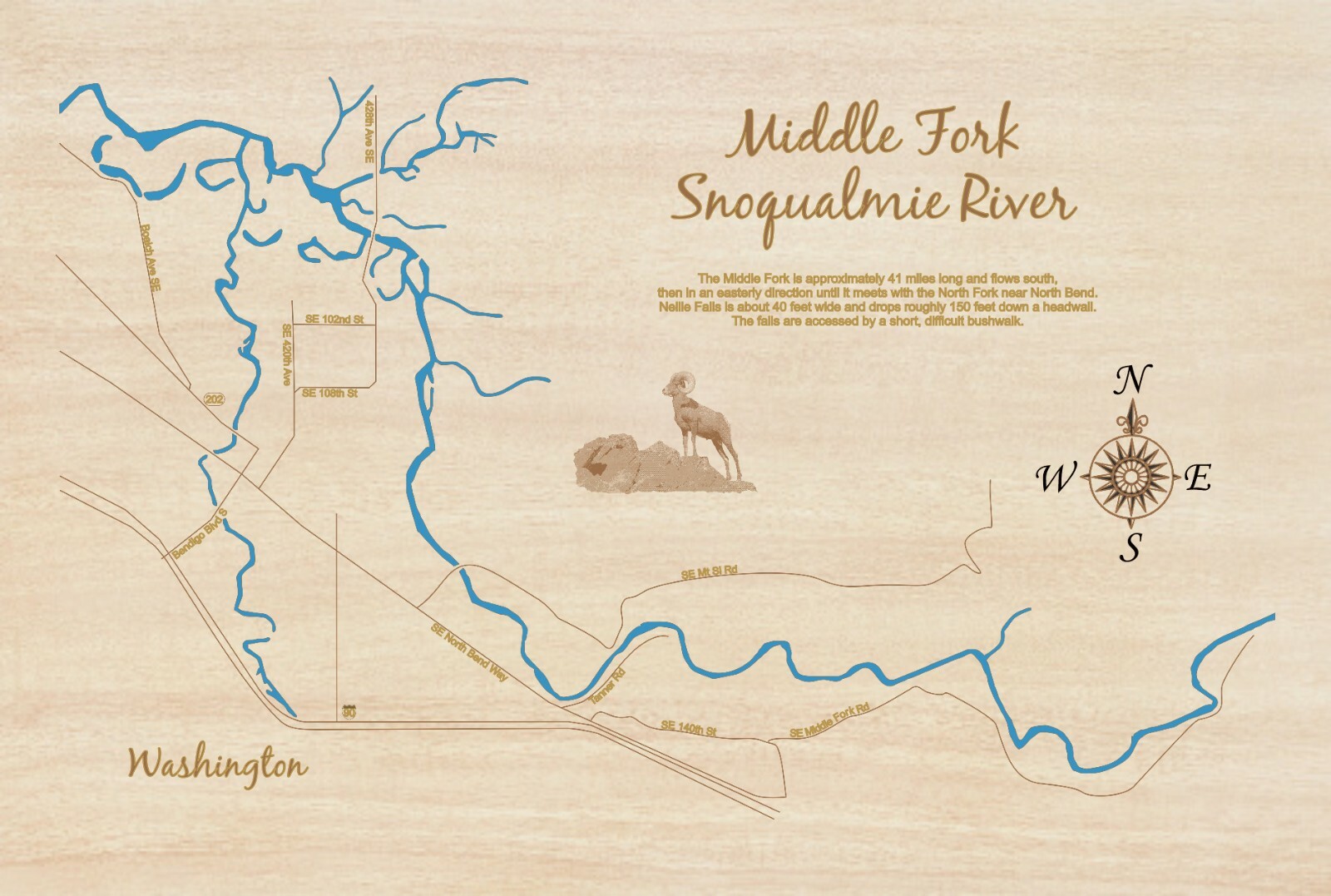 Snoqualmie River, WA (Middle Fork) – laser cut wood map | Wall Art