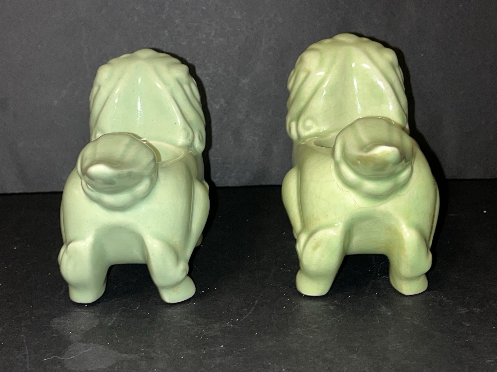 Pair MCM Oriental Foo Dog Tealight Candle Holders Khara Lions Vtg Green Asian
