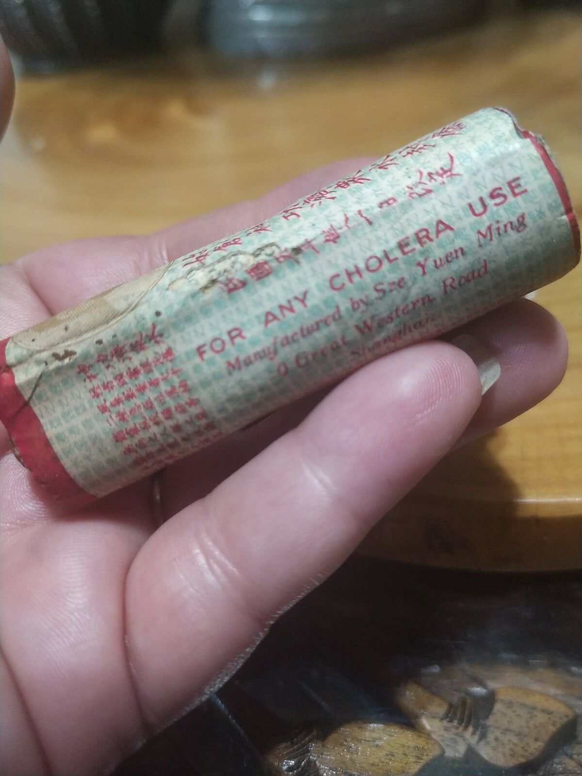 Antique 1920s Chinese CHOLERA medicine. Paper packet, glass bottle