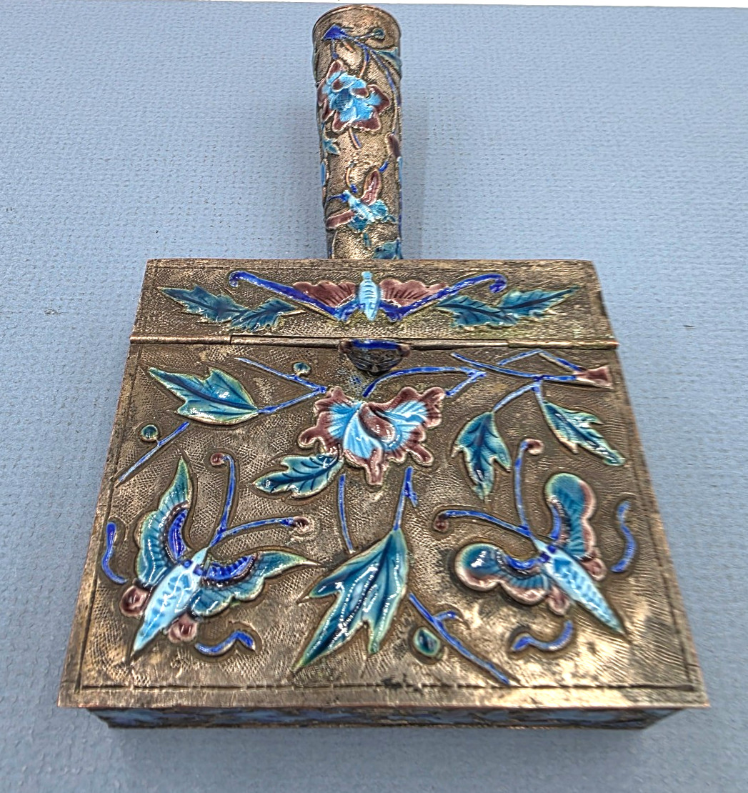 VTG Home Decor Ashtray Chinese Enamel Cloisonne Brass Butterfly Silent Butler
