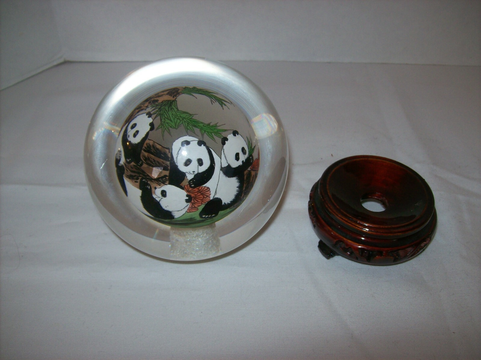 Asian Panda Bears Reverse Hand Painted Solid Glass Ball-Orb-Sphere-Globe w/Stand