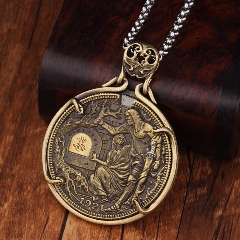 1921 Holy Grail Knight Coin Necklace Movable 机关 Antique Silver Plated Copper