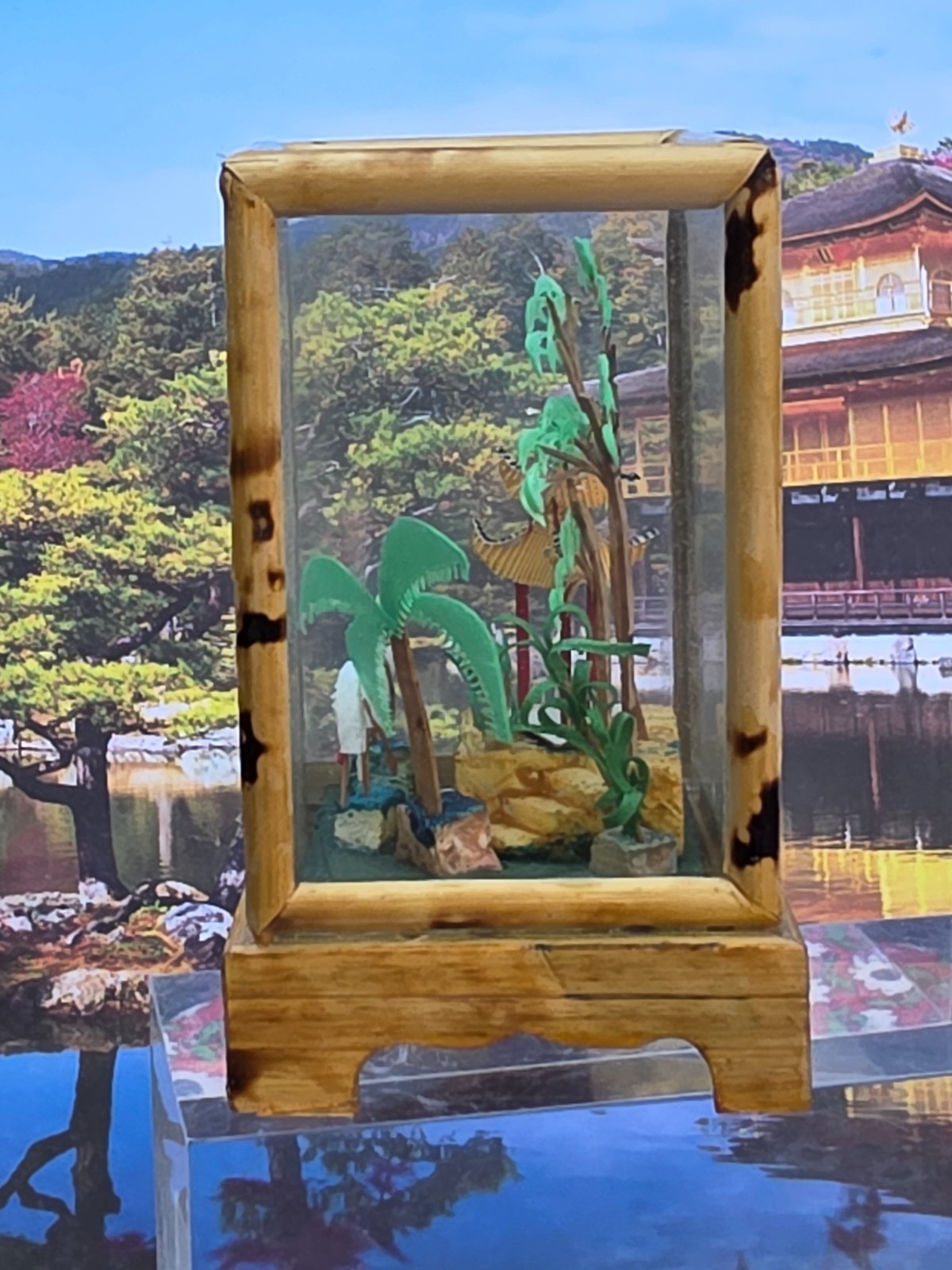 Vintage Carved Cork Chinese Miniature Diorama Shadow Box Cranes 3.75″T & 2.25″L