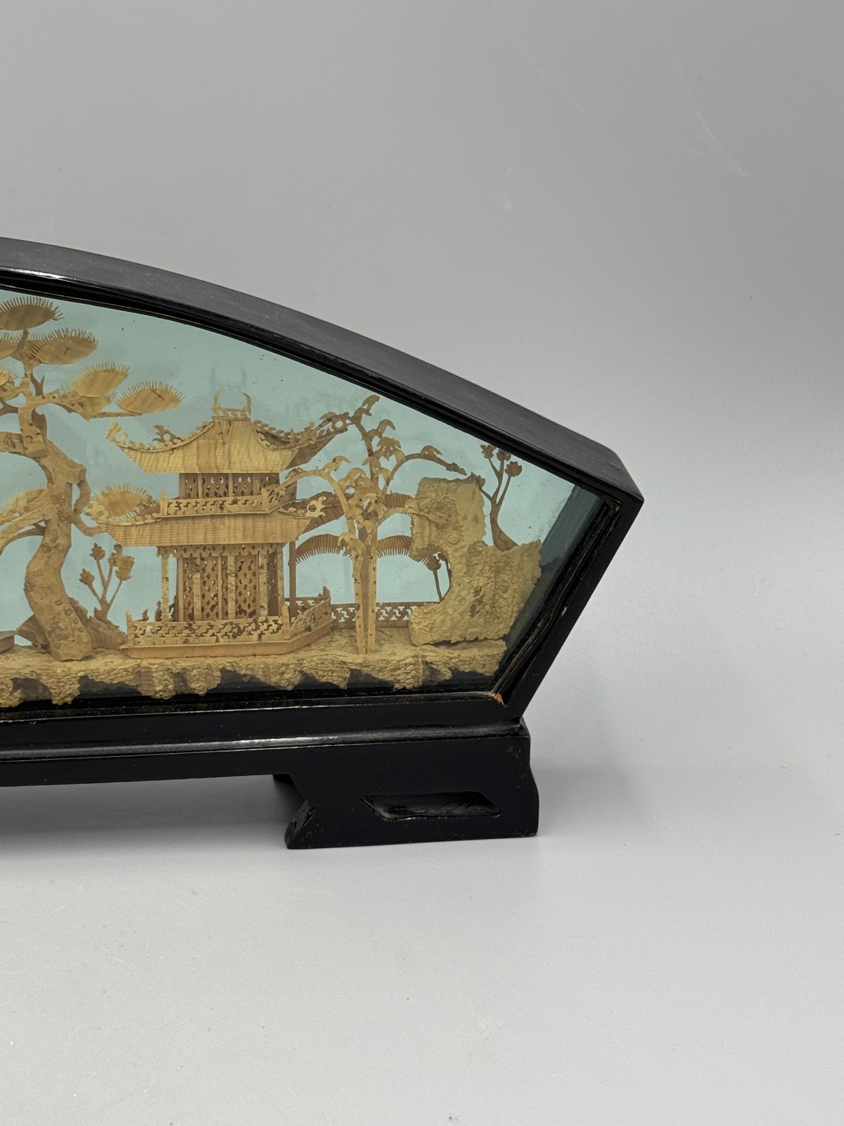 Vintage Chinese Fuzhou Cork Diorama Fan Shaped Black Lacquer Frame Pagoda 14”