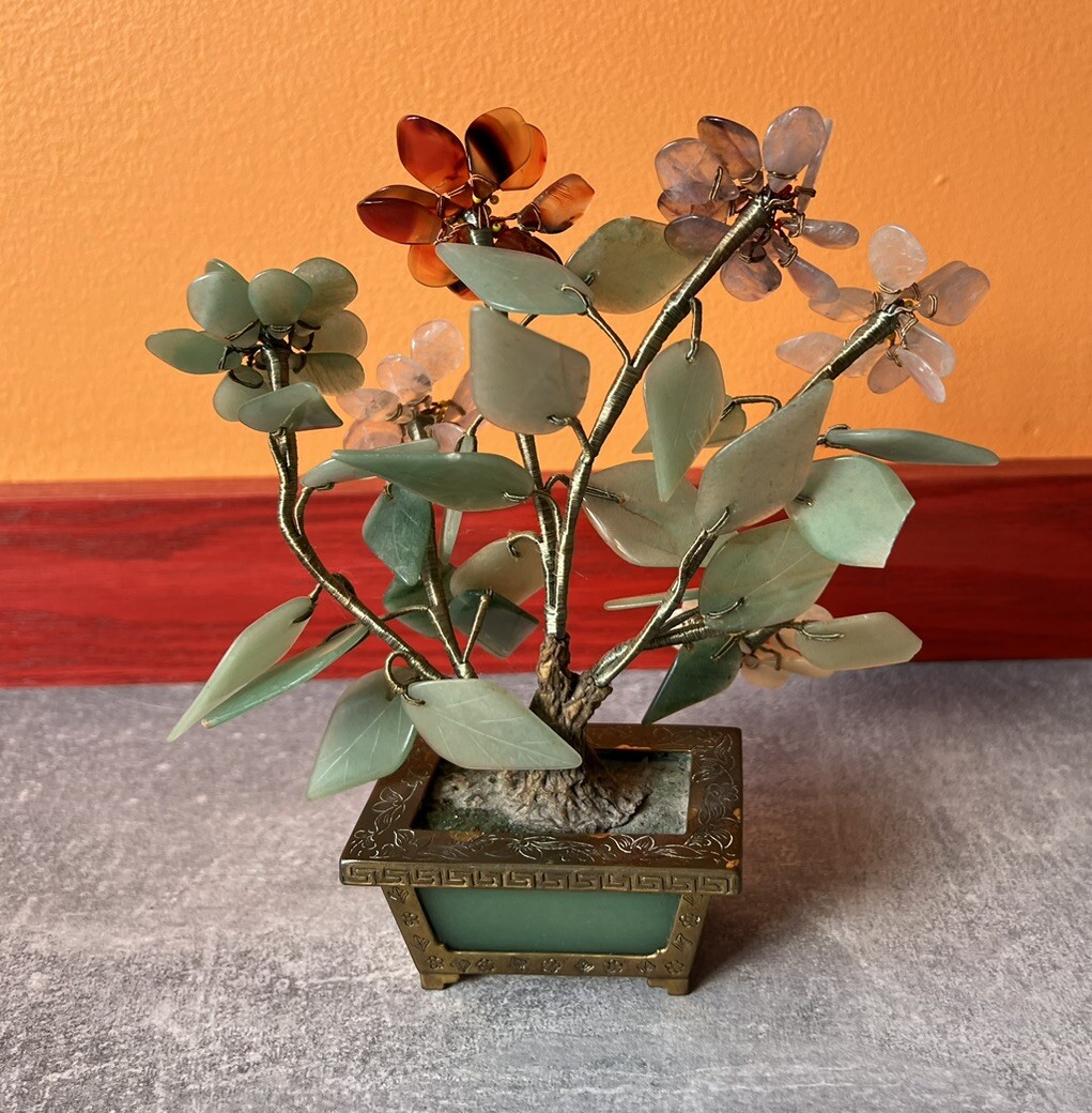 Vintage Chinese Jade Amethyst Carnelian Quartz Flowers Tree Brass Pot Marked