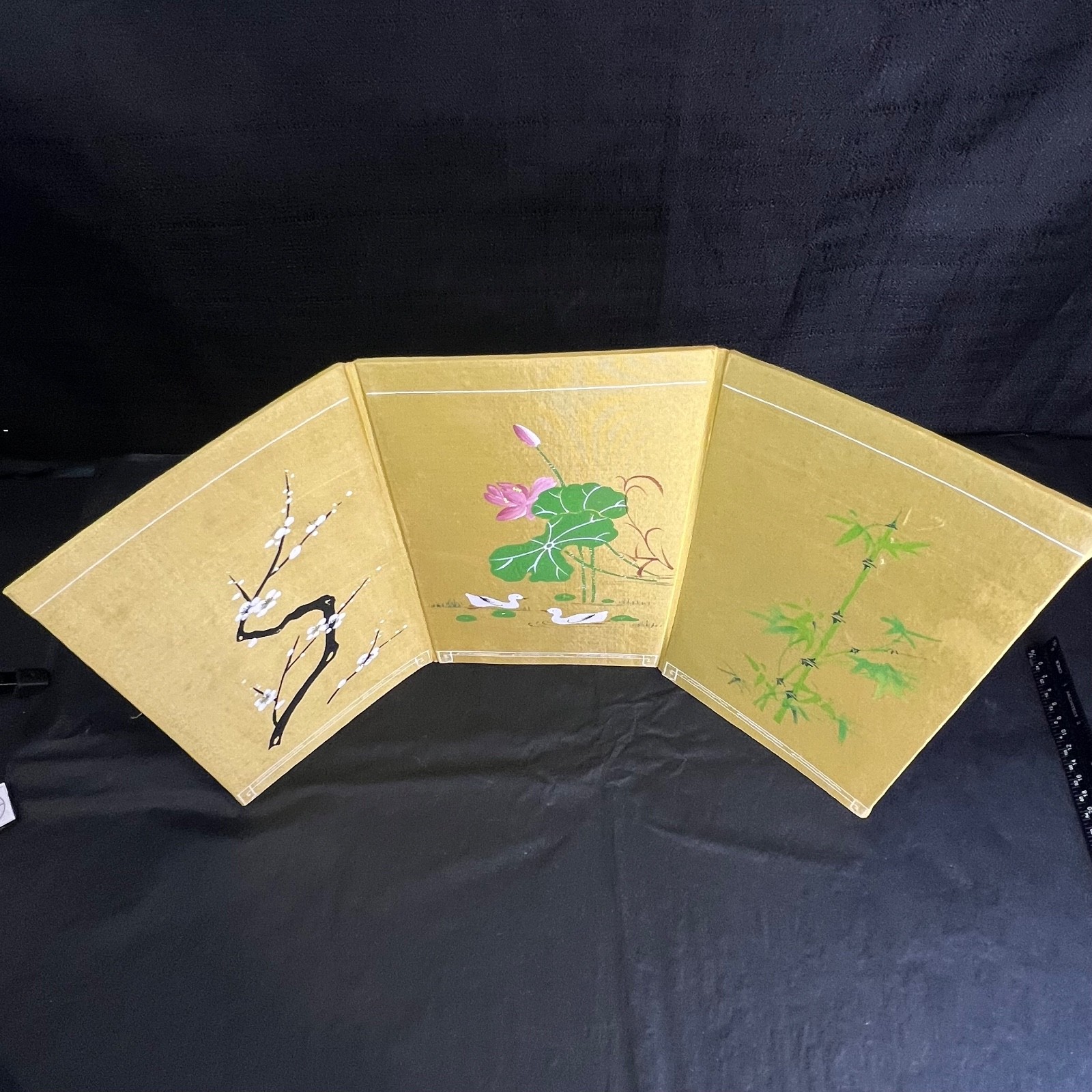 VTG 3 Panel Table Top Folding Screen Painting Blossom Ducks Bamboo China 17.5″L