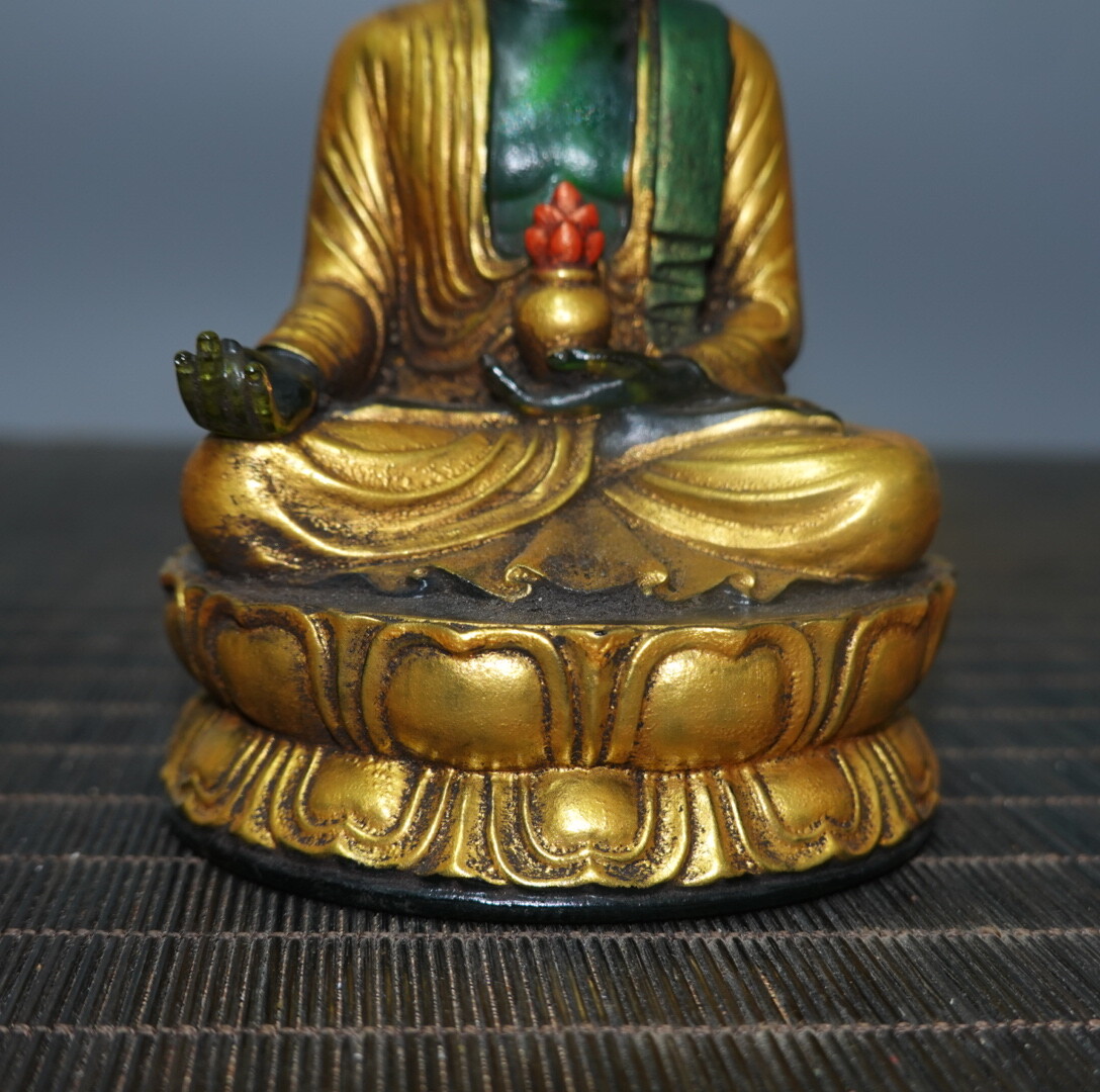 4.7″ Chinese Green Coloured Glaze Paintings Gild Buddhism Medicine Buddha Statue
