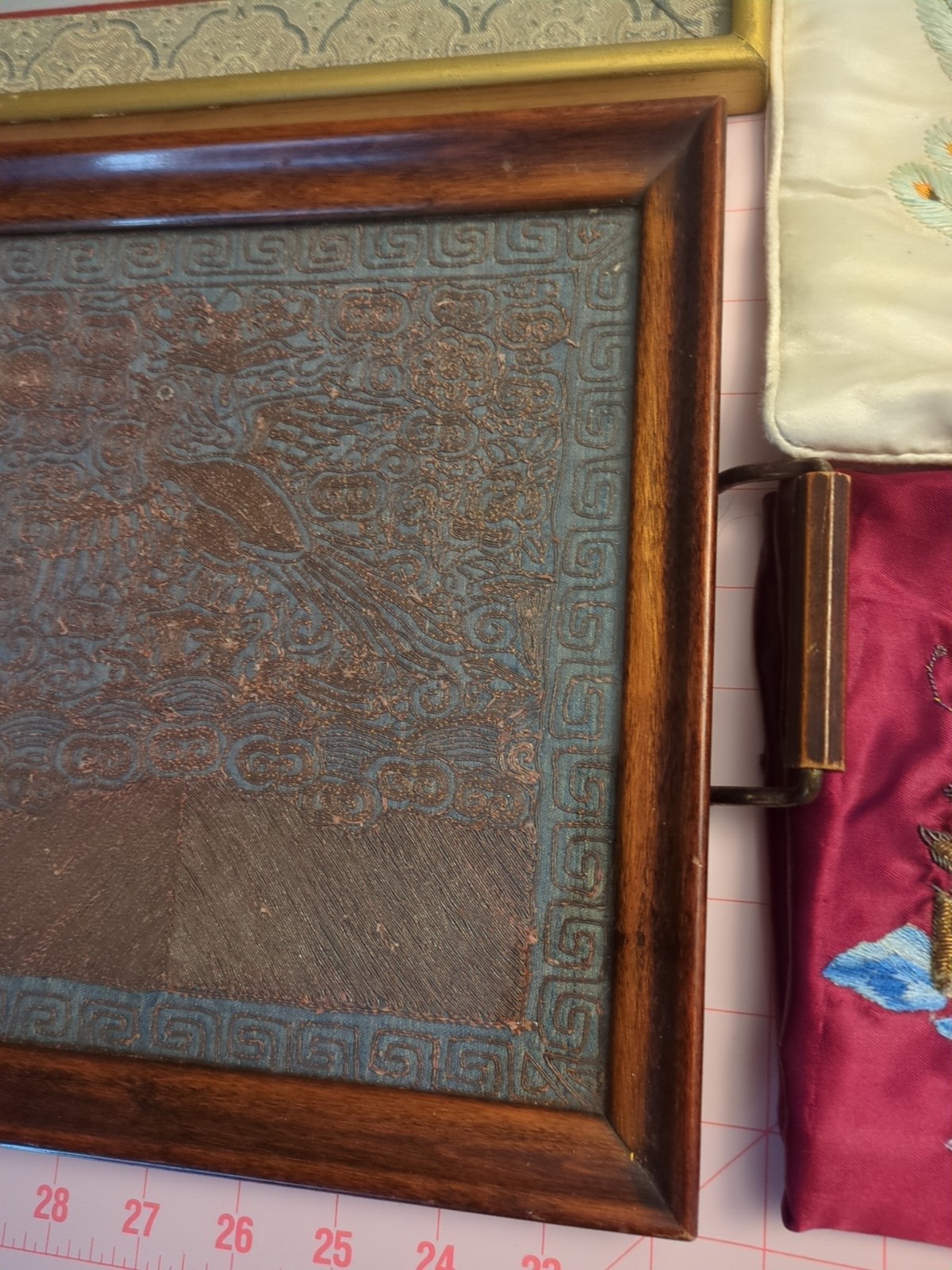 Antique Tray, Silk & Gold Thread Dragon, Framed Silk Panel