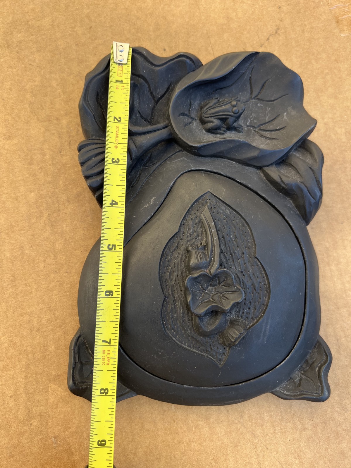 Big Chinese Hand Carved Flower Ink Stone Box w/ Cover 8″ Poem 1980