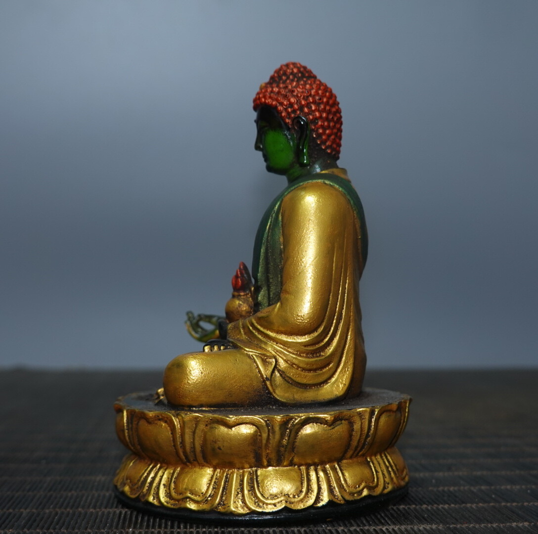 4.7″ Chinese Green Coloured Glaze Paintings Gild Buddhism Medicine Buddha Statue