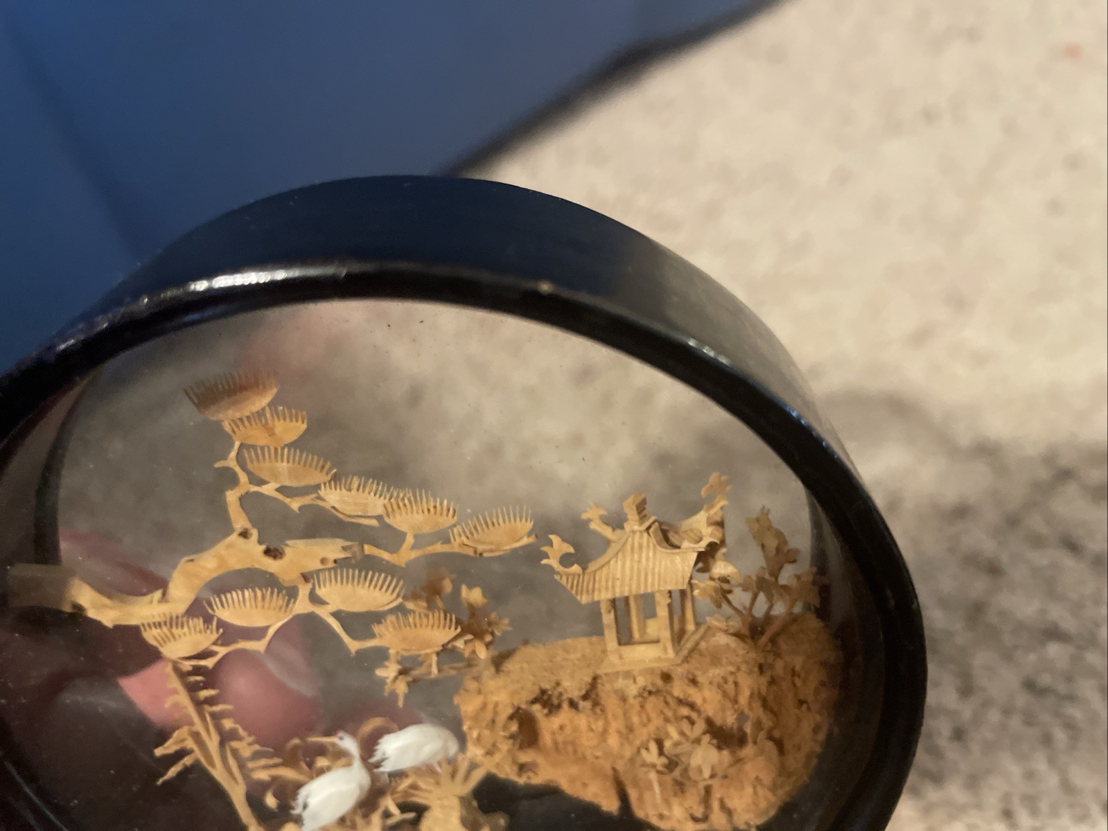 Vintage 4″ Asian Cork 3D Art Carving Pagoda Cranes Diorama Lacquer Frame