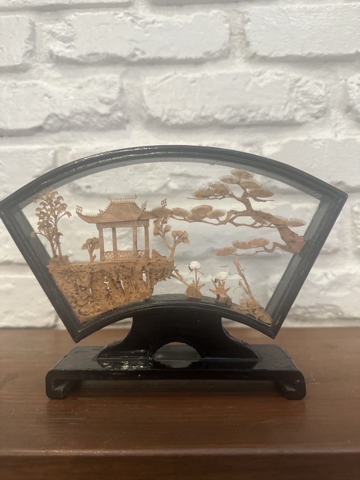 VINTAGE CHINESE SAN YOU DIORAMA CORK CARVING GLASS CASE PAGODA TREES & CRANES.