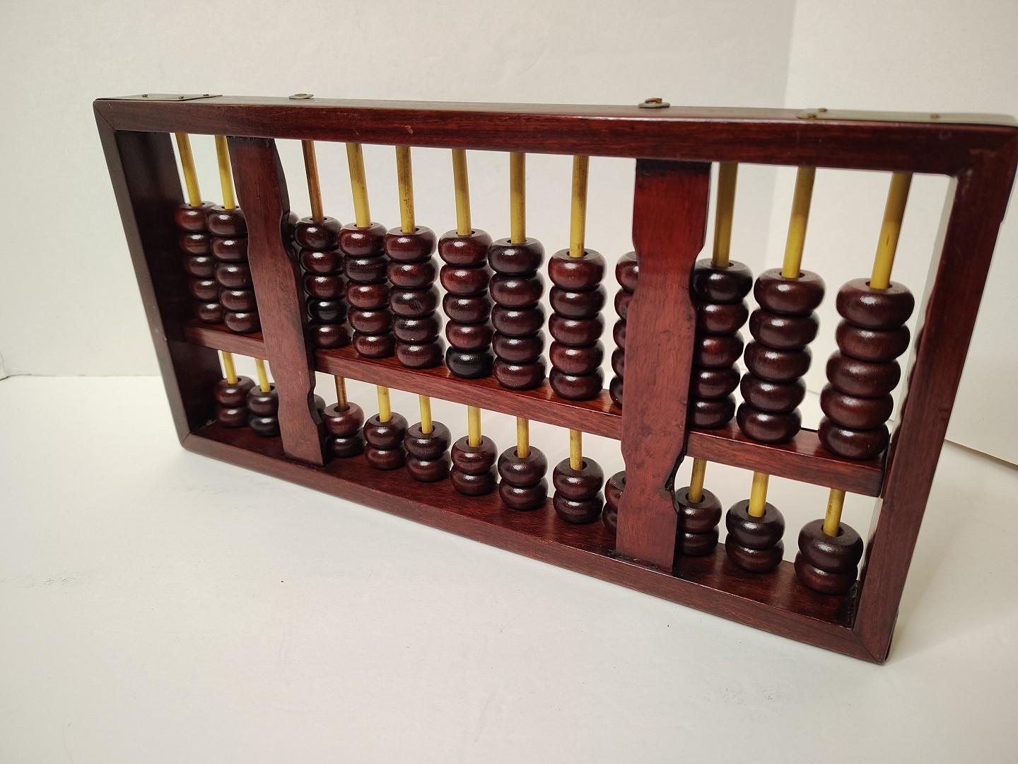 *Vintage* Chinese Abacus Wood & Brass Lotus Flower Brand 15 Row 105 Beads 14″X7″