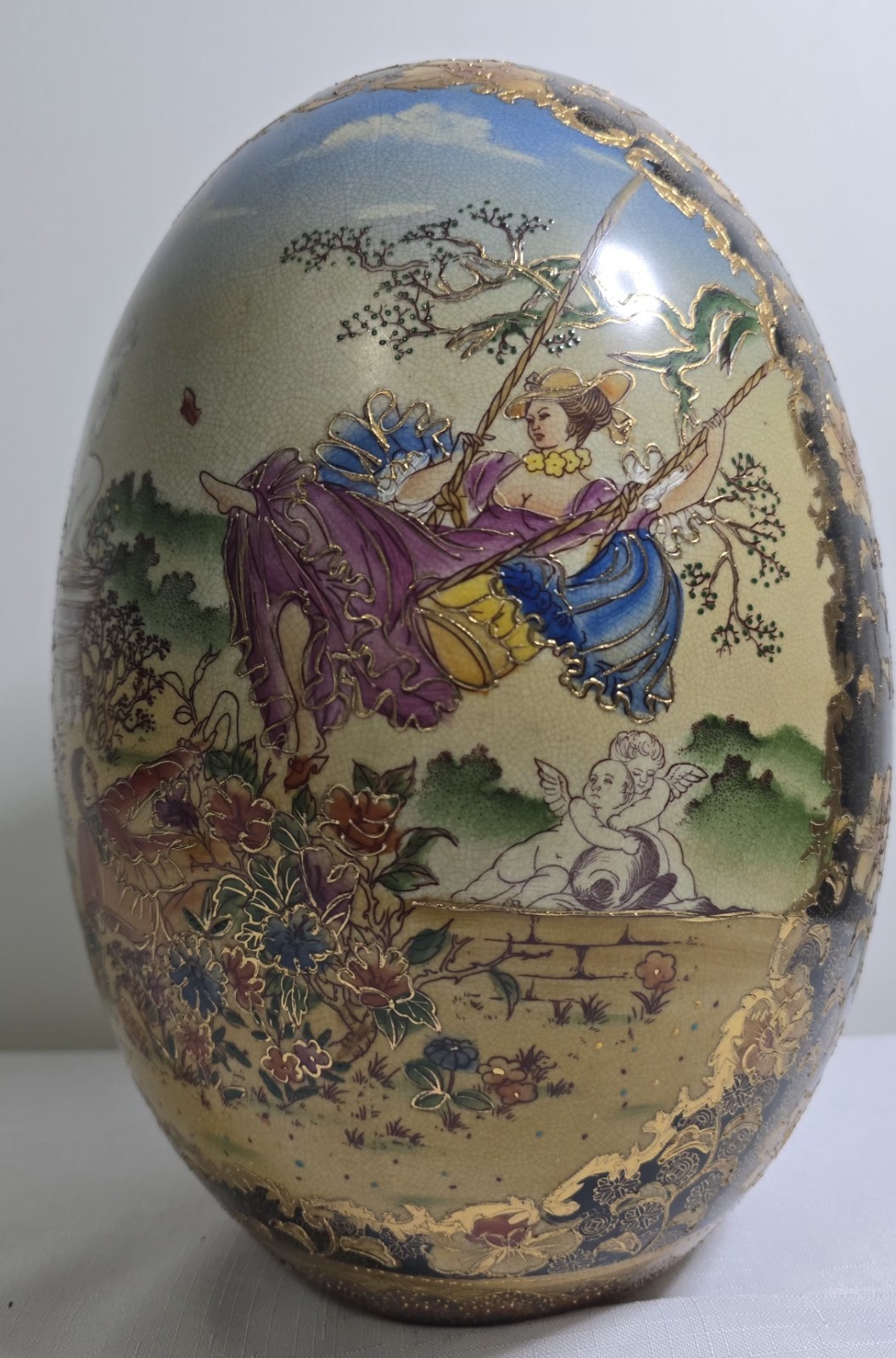 VTG 1950s HandPainted Satsuma Large Porcelain Egg Courting Couple Cherub Motifs