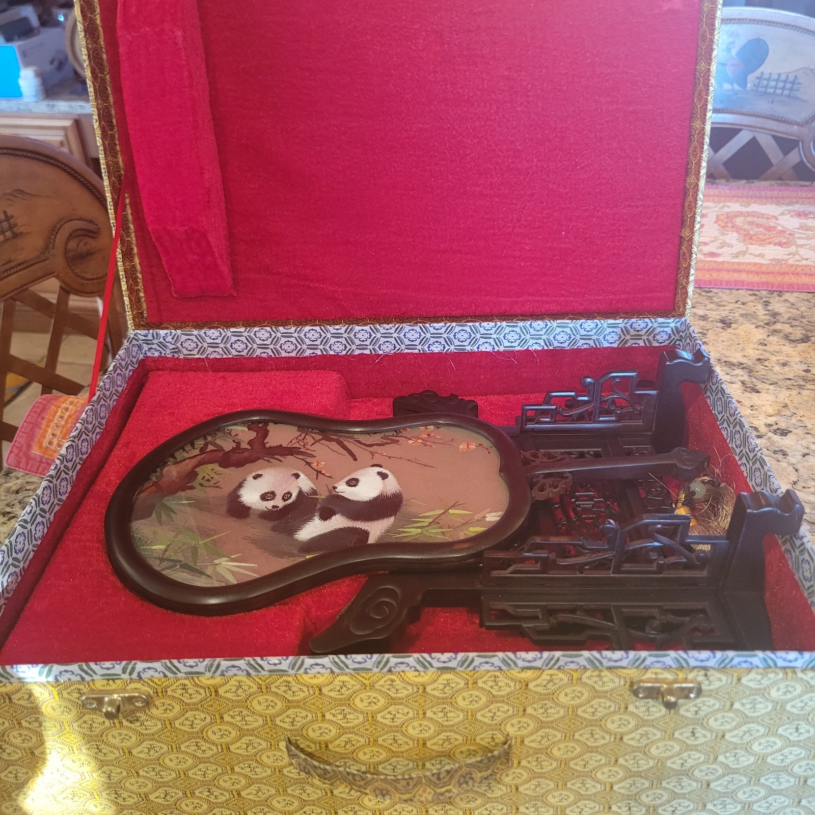 Antique Asian Embroidered Silk Hand Carved Blk Laquer Wood Panda Display W/Case