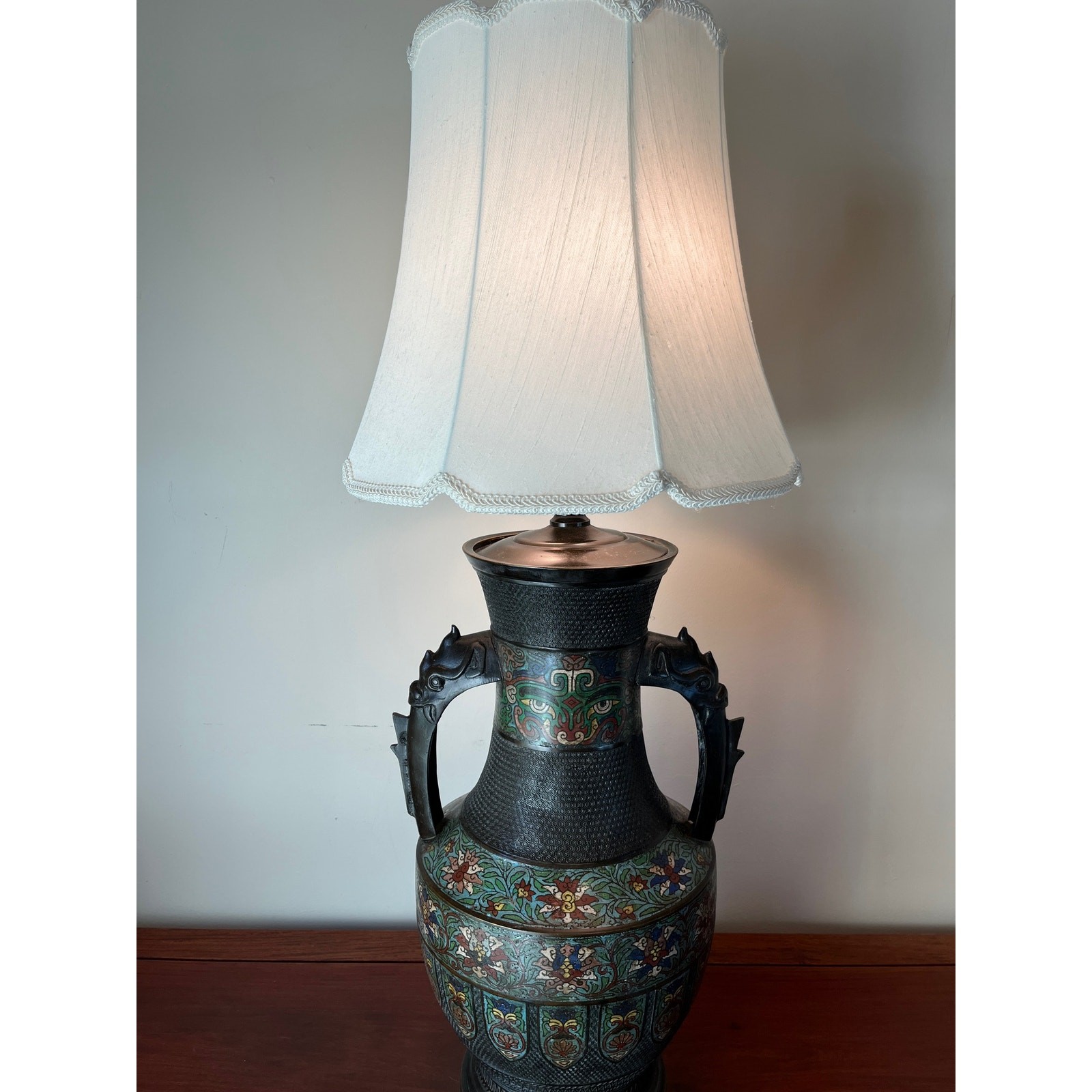 Large 42″ Chinese Cloisonné & Bronze Taotie Hu Vase Table Lamp