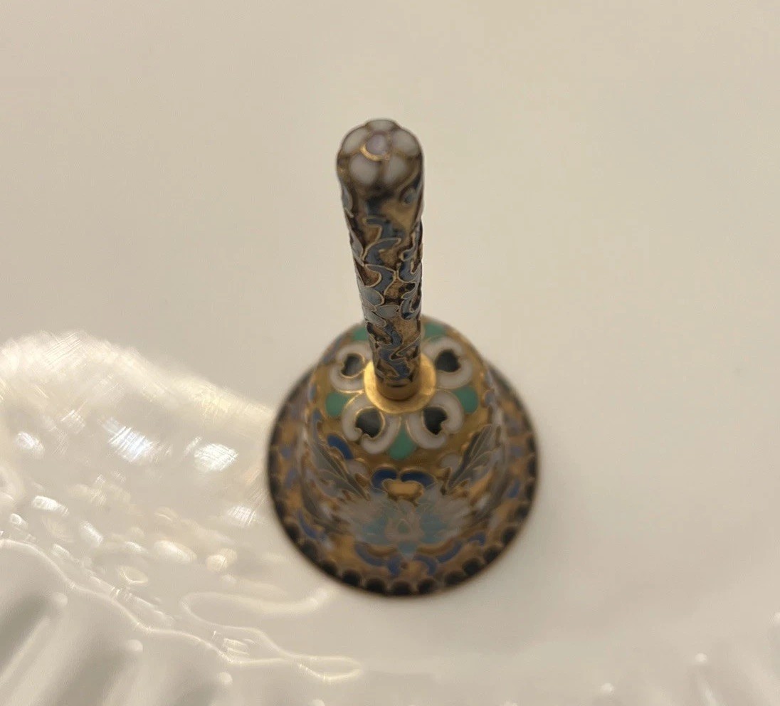 Vintage Chinese Cloisonne Enamel Floral Gold Metal Bell