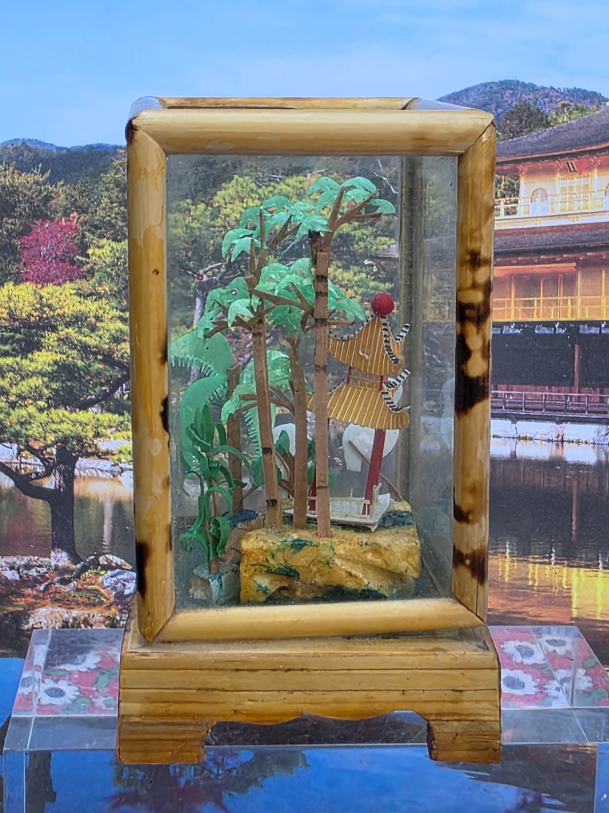 Vintage Carved Cork Chinese Miniature Diorama Shadow Box Cranes 3.75″T & 2.25″L