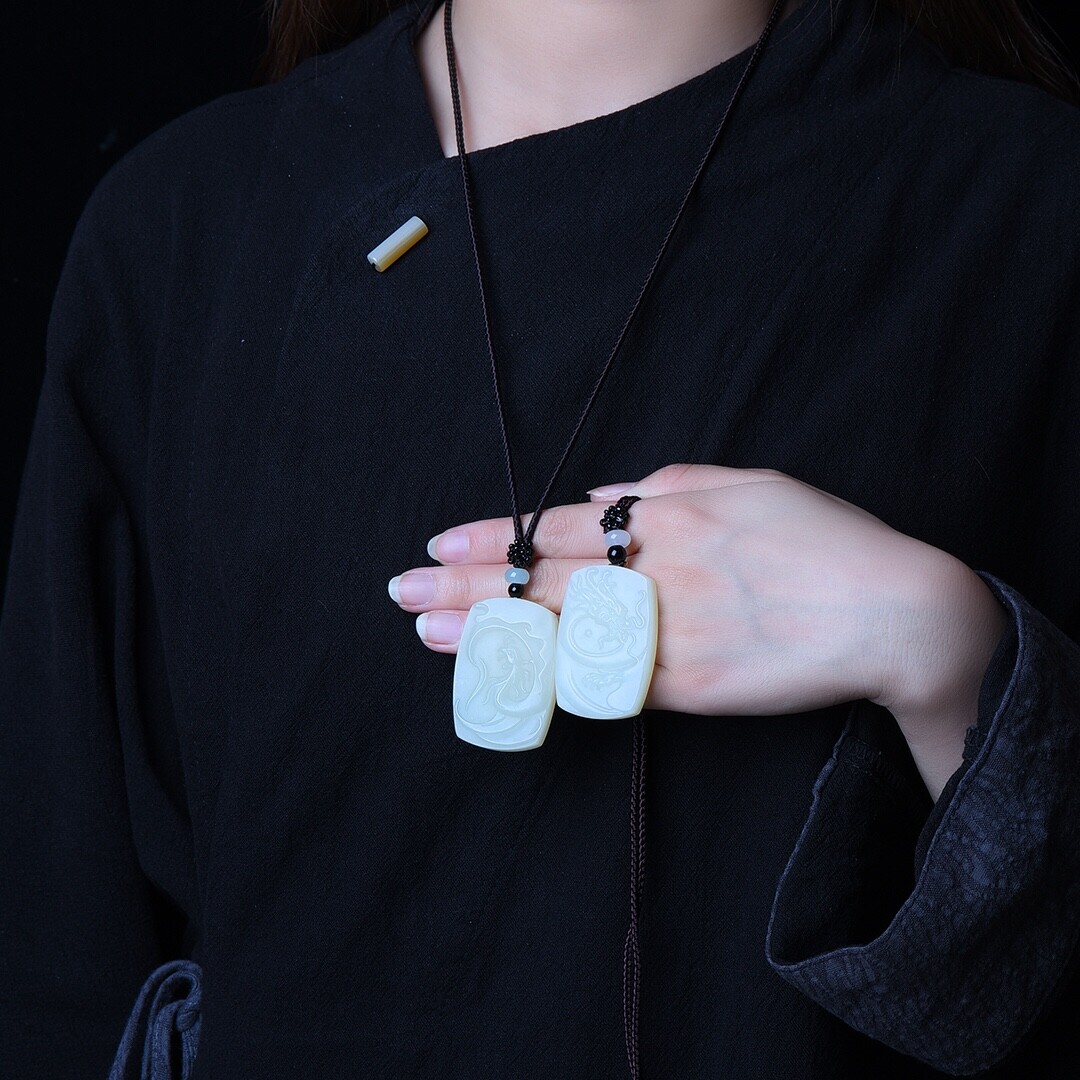 Chinese Hetian White Jade Hand Carving Animal Dragon and Phoenix Pendant Pair